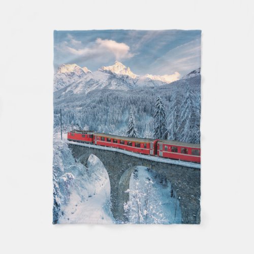 Ice  Snow  Red Bernina Express Train Switzerland Fleece Blanket