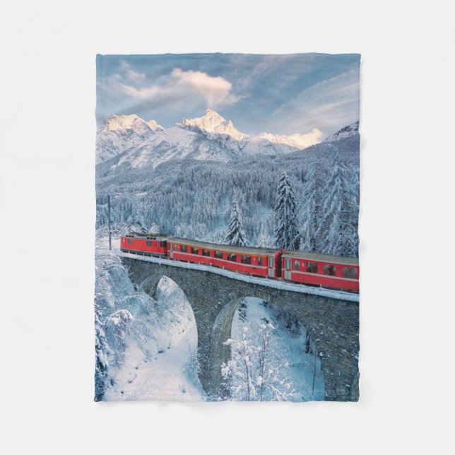 Ice & Snow | Red Bernina Express Train Switzerland Fleece Blanket (Front)