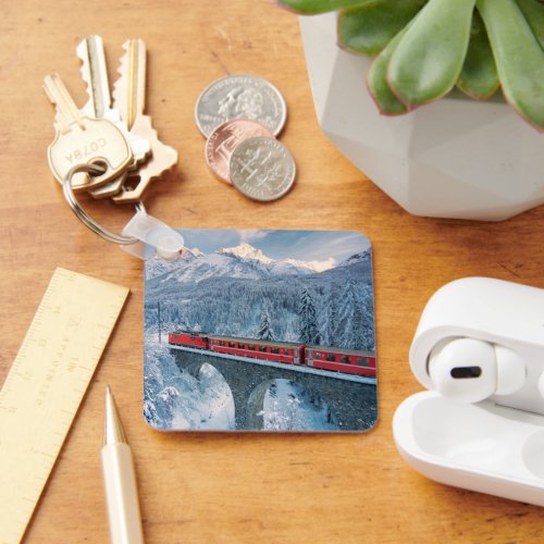 Ice  Snow  Red Bernina Express Train Switzerland Keychain