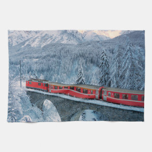 Ice & Snow Red Bernina Express Train Switzerland Kitchen Towel