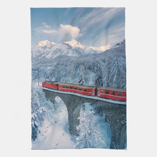 Ice & Snow | Red Bernina Express Train Switzerland Kitchen Towel (Vertical)