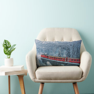 Ice & Snow Red Bernina Express Train Switzerland Lumbar Pillow