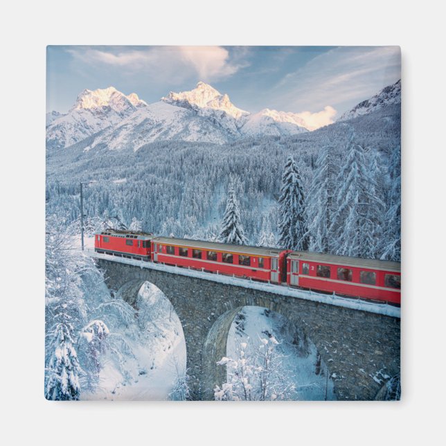 Ice & Snow | Red Bernina Express Train Switzerland Magnet (Front)