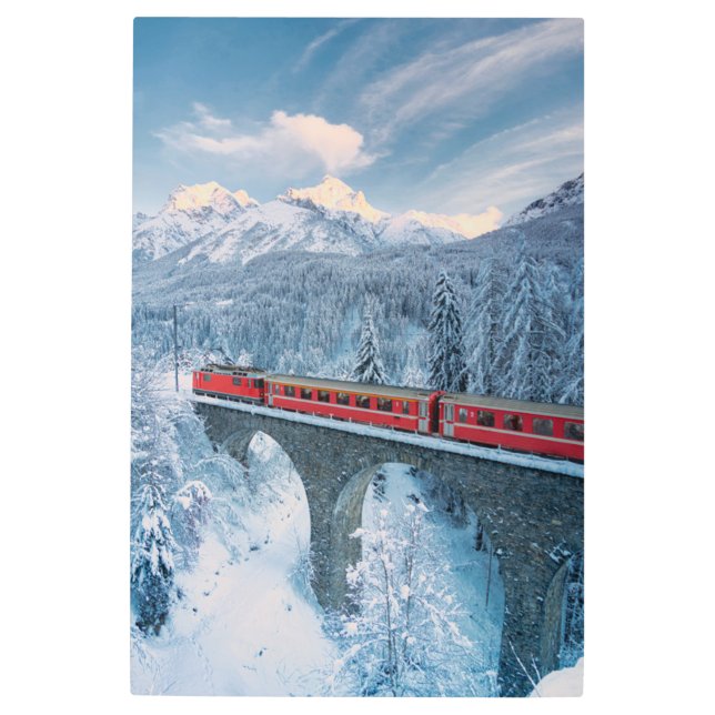 Ice & Snow | Red Bernina Express Train Switzerland Metal Print (Front)