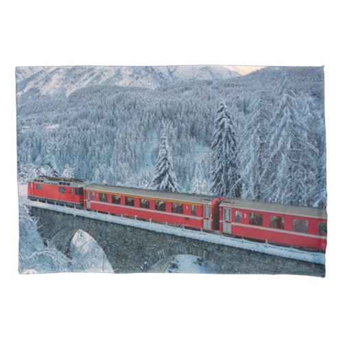 Ice  Snow  Red Bernina Express Train Switzerland Pillow Case