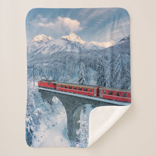 Ice  Snow  Red Bernina Express Train Switzerland Sherpa Blanket