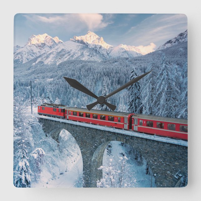 Ice & Snow | Red Bernina Express Train Switzerland Square Wall Clock (Front)