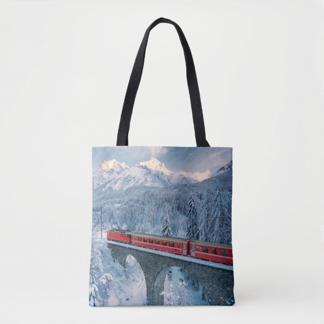 Ice & Snow | Red Bernina Express Train Switzerland Tote Bag (Front)