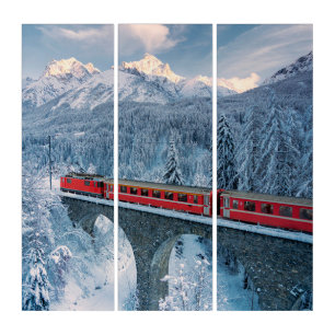 Ice & Snow   Red Bernina Express Train Switzerland Triptych