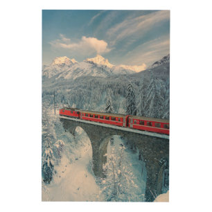 Ice & Snow Red Bernina Express Train Switzerland Wood Wall Art