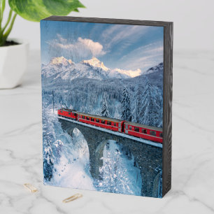 Ice & Snow Red Bernina Express Train Switzerland Wooden Box Sign