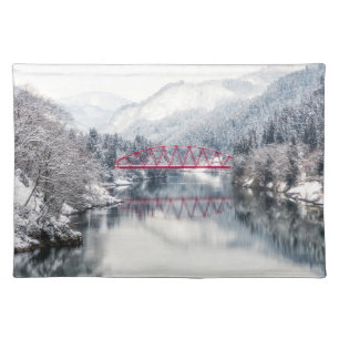 Ice & Snow   Red Bridge in Winter, Japan Cloth Placemat