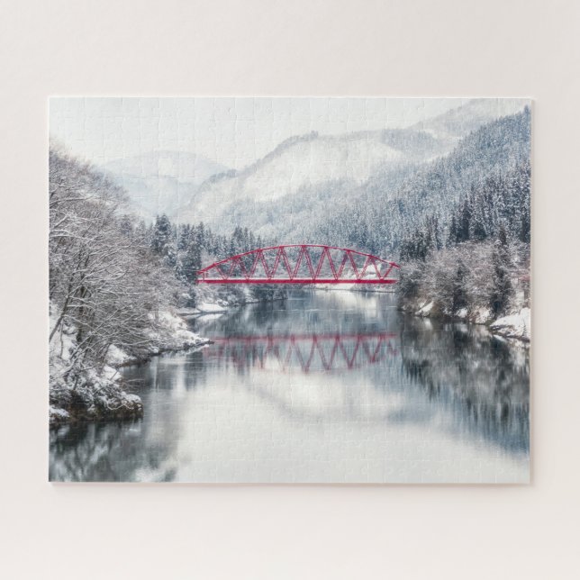 Ice & Snow | Red Bridge in Winter, Japan Jigsaw Puzzle (Horizontal)