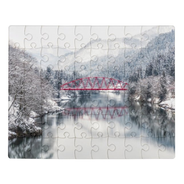 Ice & Snow | Red Bridge in Winter, Japan Jigsaw Puzzle (Puzzle Horizontal)
