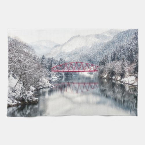 Ice  Snow  Red Bridge in Winter Japan Kitchen Towel