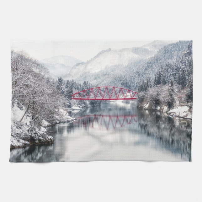 Ice & Snow | Red Bridge in Winter, Japan Kitchen Towel (Horizontal)