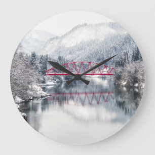 Ice & Snow   Red Bridge in Winter, Japan Large Clock