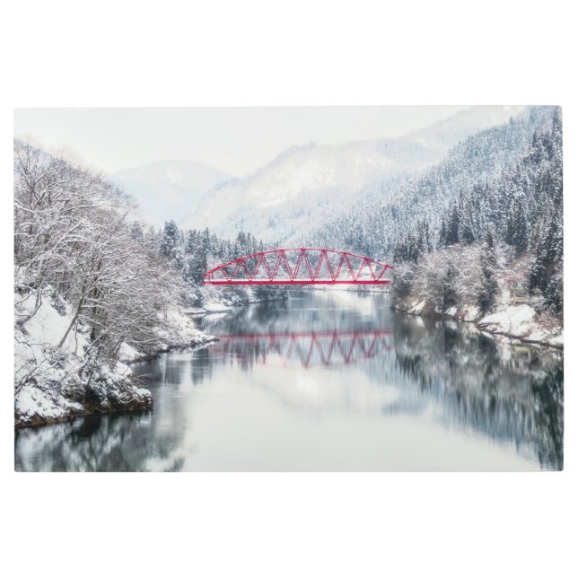 Ice & Snow | Red Bridge in Winter, Japan Metal Print (Front)