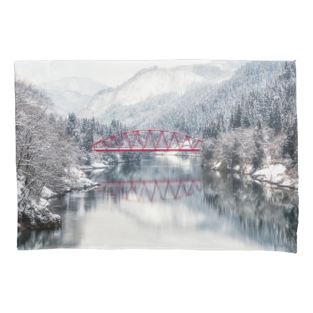 Ice & Snow | Red Bridge in Winter, Japan Pillow Case (Front)