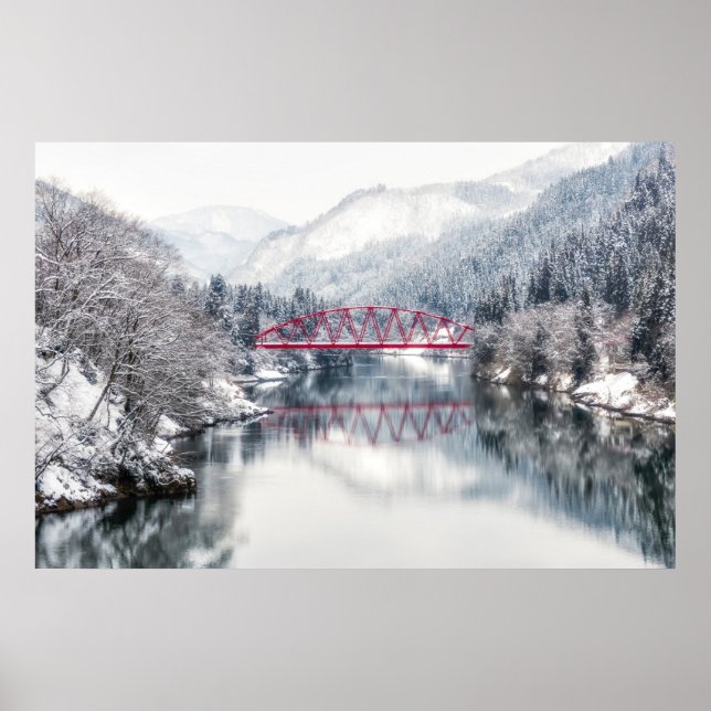 Ice & Snow | Red Bridge in Winter, Japan Poster (Front)