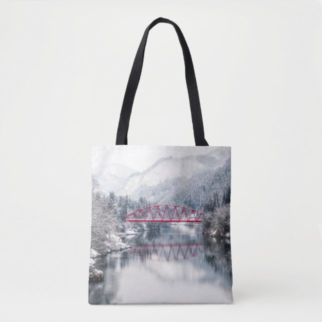 Ice & Snow | Red Bridge in Winter, Japan Tote Bag (Front)