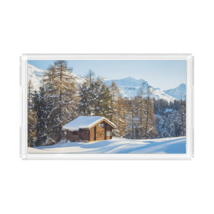 Ice & Snow Winter Log Cabin Swiss Alps Acrylic Tray