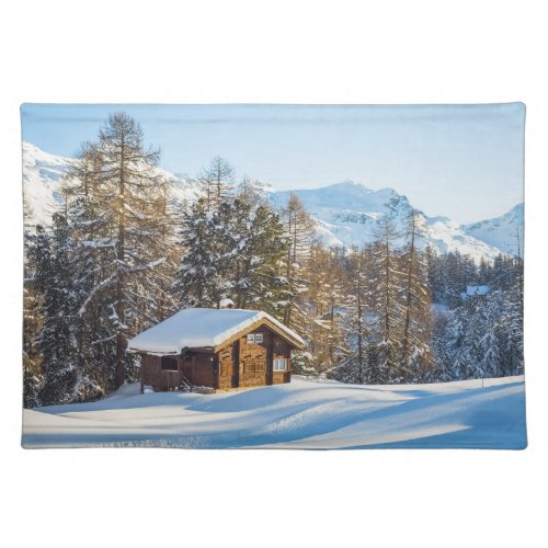 Ice  Snow  Winter Log Cabin Swiss Alps Cloth Placemat