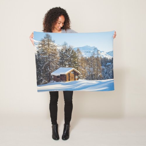 Ice  Snow  Winter Log Cabin Swiss Alps Fleece Blanket