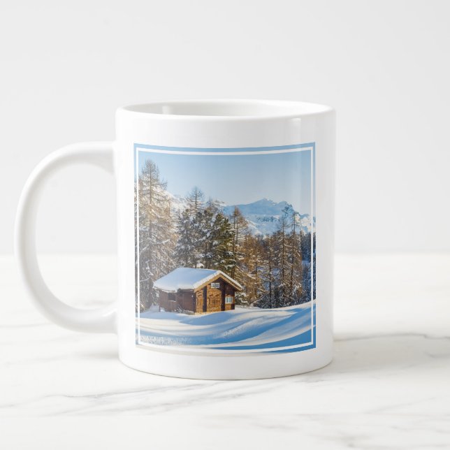 Ice & Snow | Winter Log Cabin Swiss Alps Giant Coffee Mug (Left)