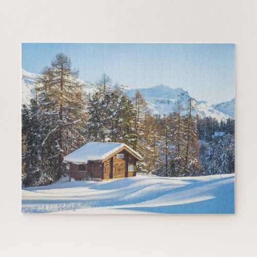 Ice  Snow  Winter Log Cabin Swiss Alps Jigsaw Puzzle