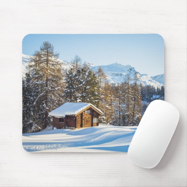 Ice & Snow | Winter Log Cabin Swiss Alps Mouse Pad (With Mouse)