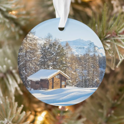 Ice  Snow  Winter Log Cabin Swiss Alps Ornament