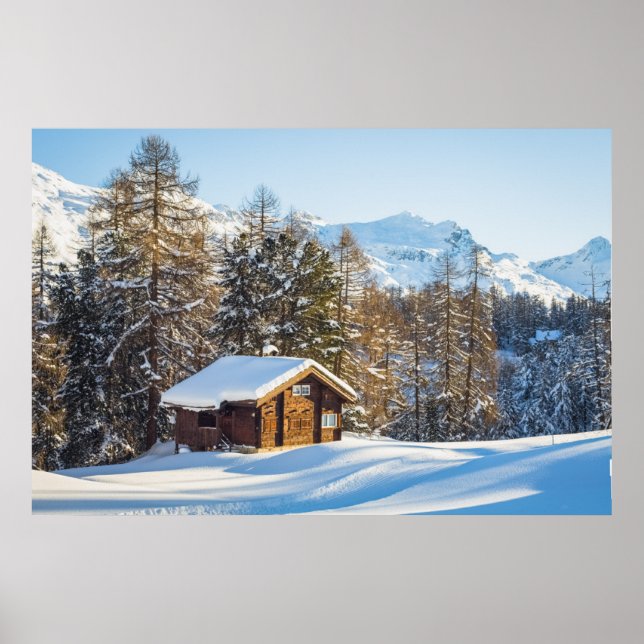 Ice & Snow | Winter Log Cabin Swiss Alps Poster (Front)