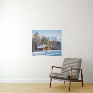 Ice & Snow Winter Log Cabin Swiss Alps Tapestry