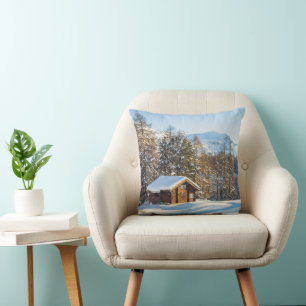 Ice & Snow Winter Log Cabin Swiss Alps Throw Pillow