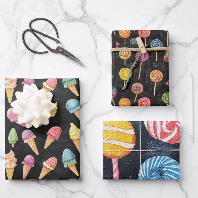 Icecream, Lollypop, Sweet Candy Cute Gift Set Wrapping Paper Sheets (Front)