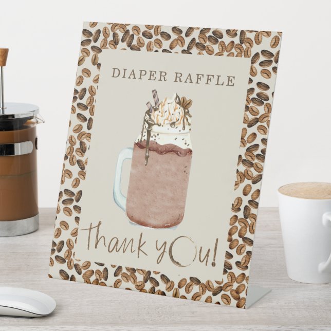 Iced Coffee Beans Baby Shower Diaper Raffle Pedestal Sign (In SItu)