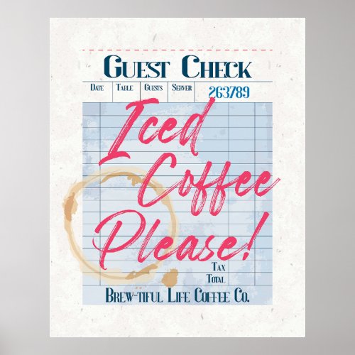 Iced Coffee Guest Check Receipt Coffee Bar Shop Poster