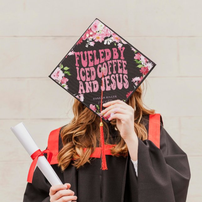 Iced Coffee & Jesus | Floral Monogram  Graduation Cap Topper (Creator Uploaded)