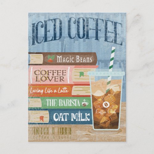 Iced Coffee with Book Stack Coffee Lover Oat Milk Postcard