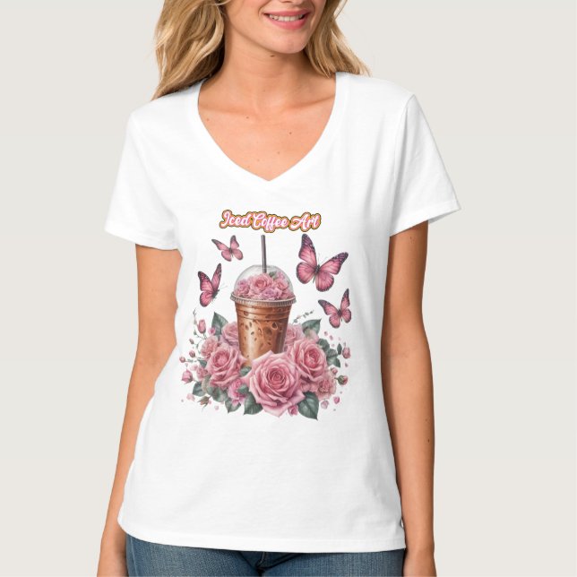 iced coffee with pink roses T-Shirt (Front)