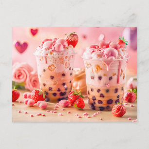 Iced coffee with strawberries and strawberry ice  holiday postcard