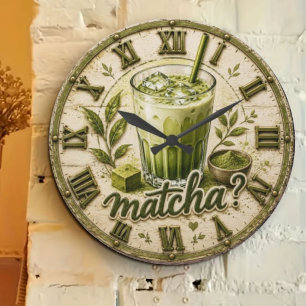 Iced Matcha Latte Green Tea Vintage Café Large Clock