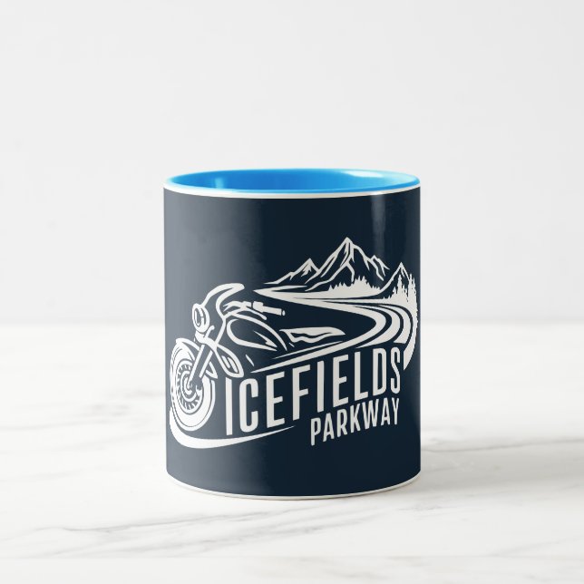 Icefields Parkway Alberta Canada Motorcycle Two-Tone Coffee Mug (Center)