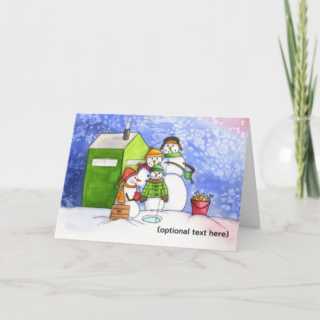 Icefishing Snowman Family Holiday Card (Front)
