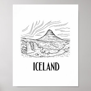 Iceland Aurora Borealis Line Art Drawing Vacation Poster