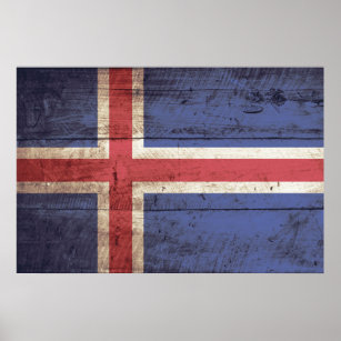 Iceland Flag on Old Wood Grain Poster