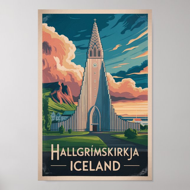 Iceland Hallgrimskirkja Illustration Travel Art Poster (Front)