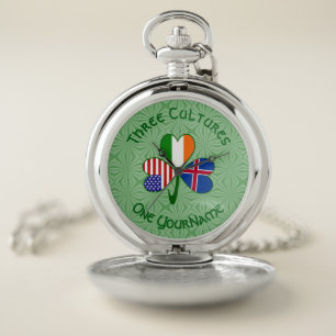 Iceland Ireland USA Shamrock Flag Personalized Pocket Watch