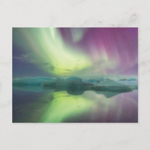 Iceland Jokulsarlon Aurora Lights Reflect Postcard
